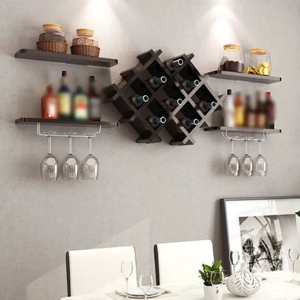 BOXED WALL MOUNTED WINE RACK BOTTLE GLASS HOLDER STORAGE SHELVES BAR KITCHEN SHELF (1 BOX)
