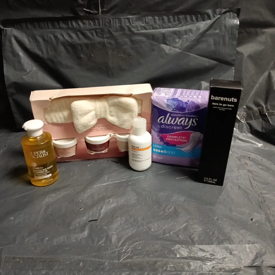 APPROXIMATEY 20 ASSORTED HEALTH AND BEAUTY PRODUCTS TO INCLUDE - BARE NUTS HAIR REMOVAL CREAM - ALWAYS DISCREET PADS AND ACNE.ORG TREATMENT