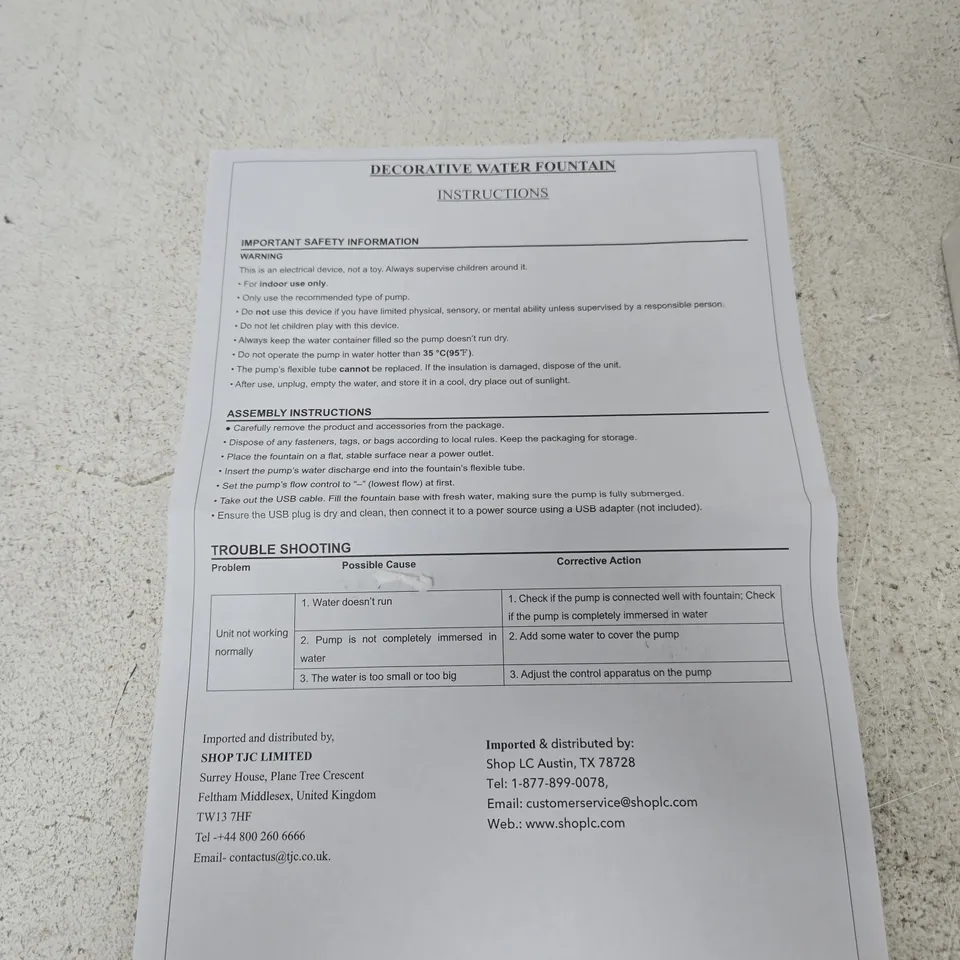 DECORATIVE WATER FOUNTAIN - TABLETOP, BOXED WITH INSTRUCTION SHEET