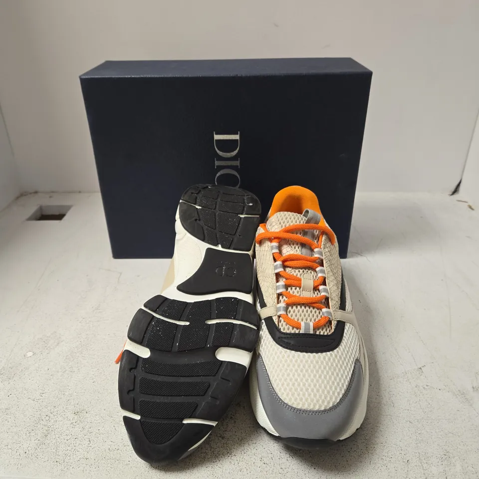 DIOR B22 CALFSKIN SNEAKER – UK 10 (EU 44), BEIGE/GRAY WITH ORANGE LACES
