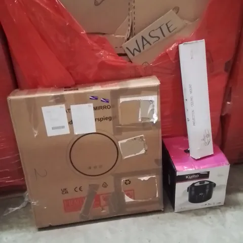 PALLET OF ASSORTED HOUSEHOLD GOODS AND PRODUCTS TO INCLUDE;BATHROOM LED MIRROR,RICE COOKER,PROJECTOR CEILING MOUNT