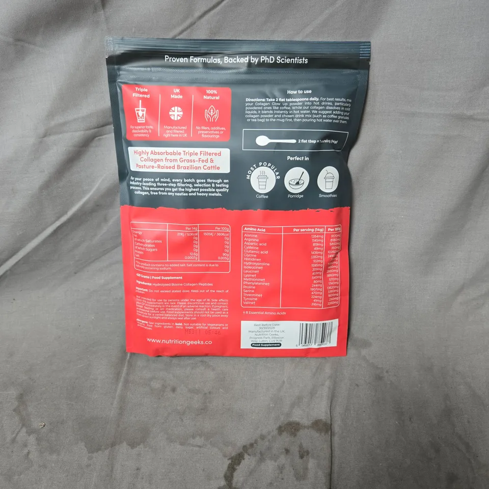 NUTRITION GEEKS COLLAGEN GLOW UP – HYDROLYSED BOVINE COLLAGEN POWDER, 420G, UNFLAVOURED, MADE IN THE UK