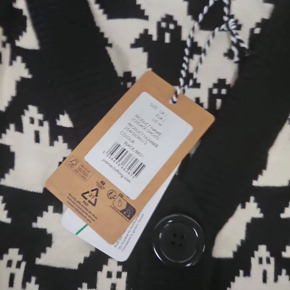 JOANIE WOMEN'S CARDIGAN – BLACK & IVORY GHOST KNIT PATTERN - UK LARGE