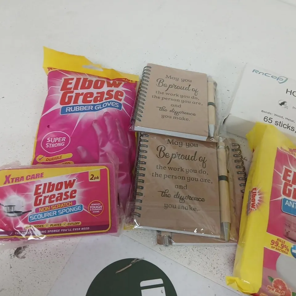 ASSORTED TOOLS & HARDWARE LOT: HOT GLUE STICKS, PADLOCK, WIPES, GLOVES, AIR FRESHENERS