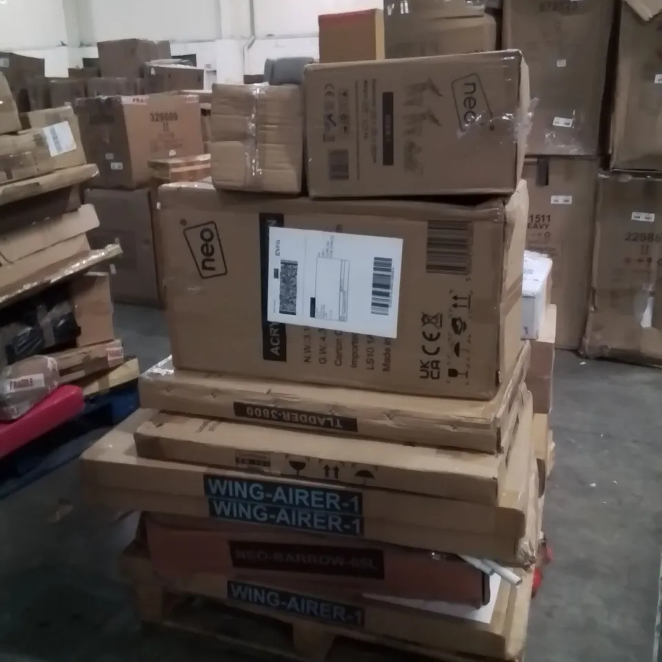 PALLET OF NEO PRODUCTS AND ASSORTED HOUSEHOLD GOODS TO INCLUDE,ELECTRIC CLOTHES RACK,LADDER,ACRYLIC,ACRYLIC SNOWMAN,WHEEL BARROW,HEATER