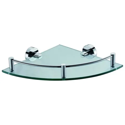 BOXED BRIDGEPOINT GLASS CORNER SHELF IN, CHROME  6CM H X 26CM WX  26CM D
