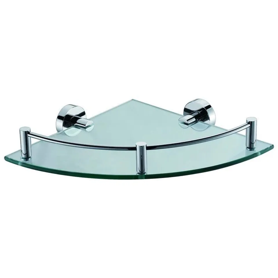 BOXED BRIDGEPOINT GLASS CORNER SHELF IN, CHROME  6CM H X 26CM WX  26CM D