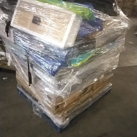 PALLET CONTAINING A LARGE QUANTITY OF ASSORTED HOUSEHOLD GOODS WHICH INCLUDE; PARASOL BASES, 4SEATER RATTAN SET, FANS, YOGA MAT, FOLDING CHAIRS ETC