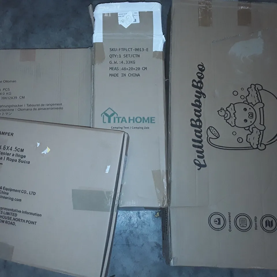 PALLET OF ASSORTED HOUSEHOLD ITEMS TO INCLUDE FOLDING BATHTUB, STORAGE OTTOMAN, CAMPING TENT AND LAUNDRY HAMPER