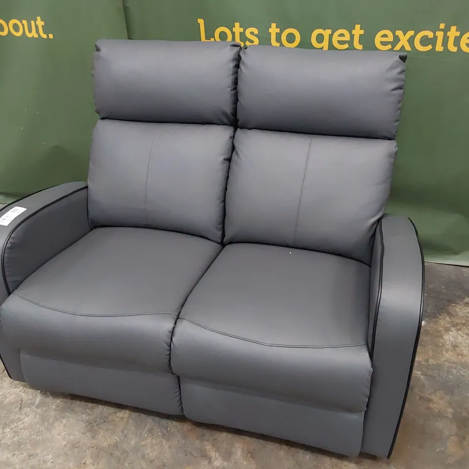 DESIGNER MANUAL RECLINING TWO SEATER SOFA GREY LEATHER WITH BLACK PIPING