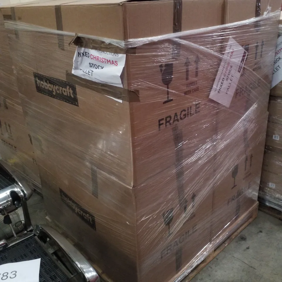 PALLET CONTAINING ASSORTED CHRISTMAS PRODUCTS & DECORATIONS INCLUDING CHRISTMAS EVE GIFT BOXES, FILLABLE CRACKERS, SNOW GLOVES, FELT TABLE MAT & WOODEN CHRISTMAS BOXES