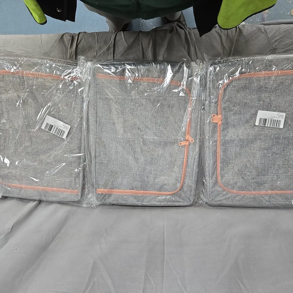 CLOTH STORAGE BOXES – SET OF 3, GREY WITH PEACH TRIM