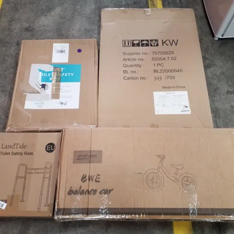 PALLET CONTAINING ASSORTED PRODUCTS INCLUDING TOILET SAFETY RAILS, BALANCE BIKE, DOUBLE SIDED MAGNETIC WHITE BOARD & DOG CAGE