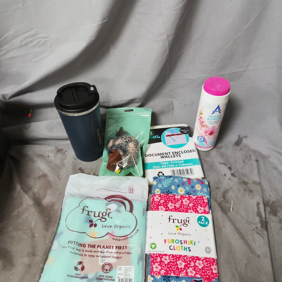 APPROXIMATELY 15 ASSORTED HOUSEHOLD ITEMS TO INCLUDE DOCUMENTS ENCLOSED WALLETS, ASTONISH SHAKE AND FRESH CARPET FRESHENER AND A DRINKING TUMBLER