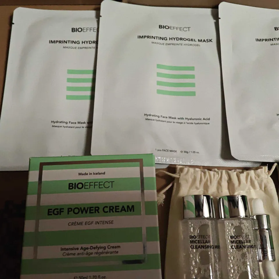 BIOEFFECT SKINCARE SET – MICELLAR CLEANSING WATER (X2), EGF POWER CREAM, HYDRATING HYDROGEL MASKS & LIP BALM