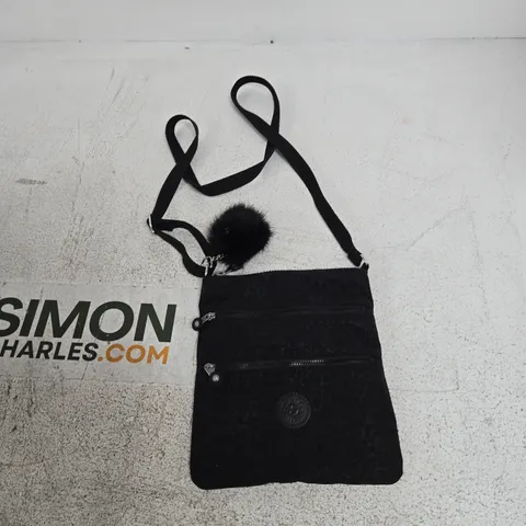 BLACK CROSSBODY BAG WITH POM-POM AND TRIPLE ZIP POCKETS