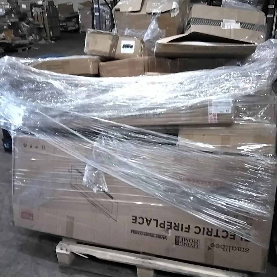PALLET OF ASSORTED PRODUCTS AND HOUSEHOLD GOODS TO INCLUDE;ELECTRIC FIREPLACE,PROJECTOR SCREEN,WALL CLOCK