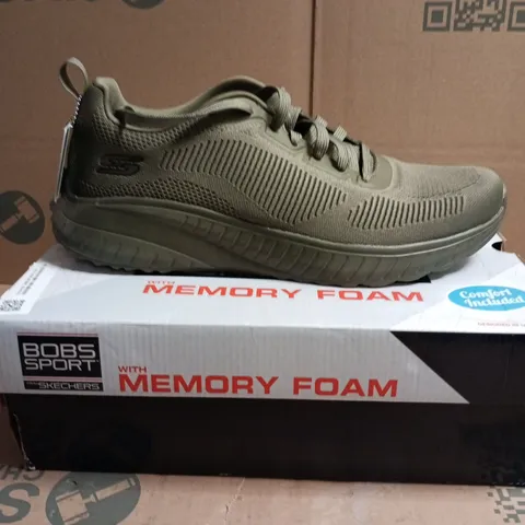 SKECHERS BOBS SPORT VEGAN MEMORY FOAM SNEAKERS – OLIVE, UK 12 (US 13)