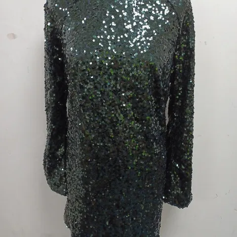 H&M DARK GREEN SEQUIN LONG SLEEVE DRESS - EUR L
