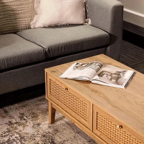 BOXED BORDEAUX RATTAN OAK COFFEE TABLE - BOHO CHIC WITH LUXE GOLD ACCENTS (1 BOX)