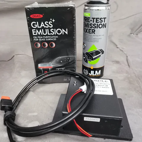 APPROXIMATELY 10 ASSORTED VEHICLE PARTS/ACCESSORIES TO INCLUDE BATTERY CHARGER, EMISSION FIXER, GLASS EMULSION ETC 