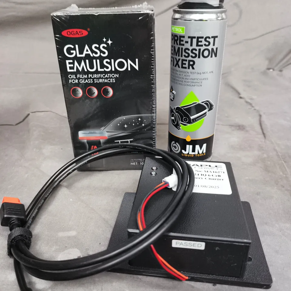 APPROXIMATELY 10 ASSORTED VEHICLE PARTS/ACCESSORIES TO INCLUDE BATTERY CHARGER, EMISSION FIXER, GLASS EMULSION ETC