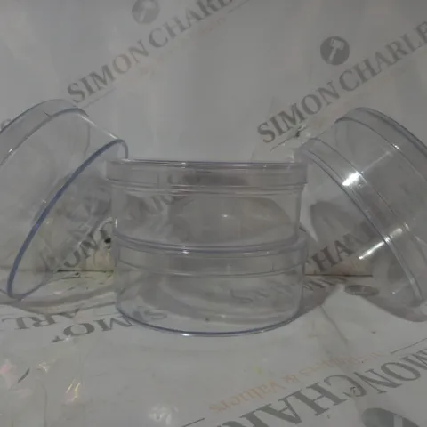 BOX OF APPROXIMATELY 30 ASSORTED UNBRANDED CLEAR CIRCULAR STORAGE CONTAINERS