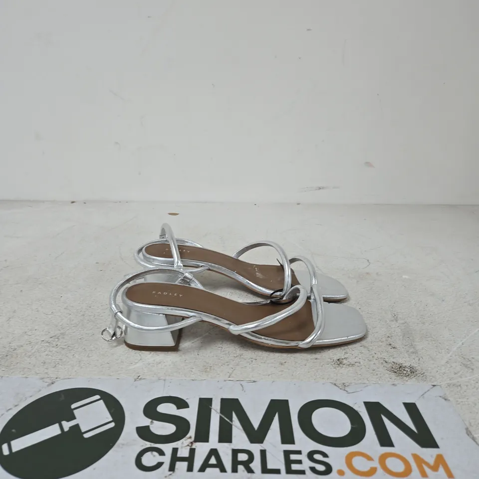 RADLEY SILVER STRAPPY SANDALS – WOMEN’S HEELED SANDALS WITH ANKLE BUCKLE UK SIZE 8