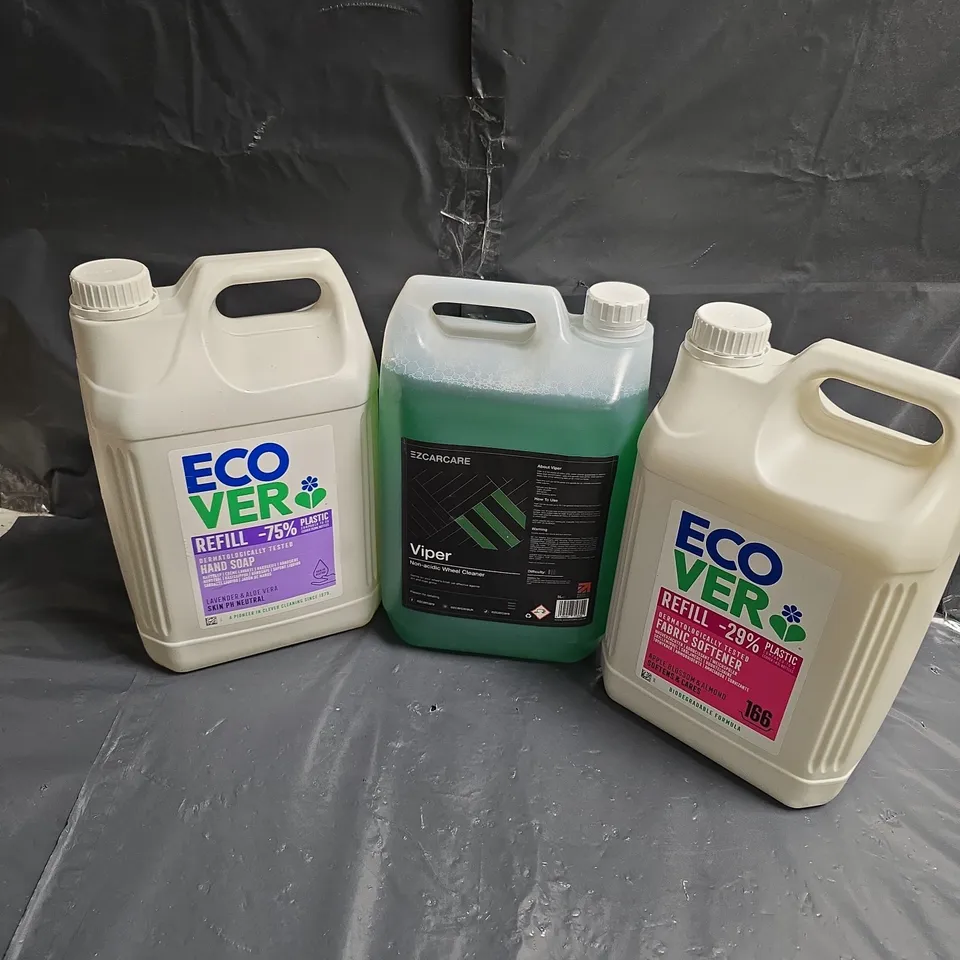 LOT OF 3 ASSORTED LARGE LIQUIDS TO INCLUDE - ECOVER HAND SOAP - ECOVER FABRIC SOFTENER - EZCARCARE VIPER NON-ACIDIC WHEEL CLEANER - ETC