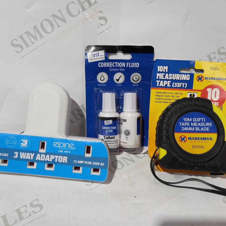LOT OF APPROXIMATELY 10 ASSORTED HOUSEHOLD ITEMS TO INCLUDE TAPE MEASURE, CORRECTION FLUID, 3-WAY ADAPTER, ETC