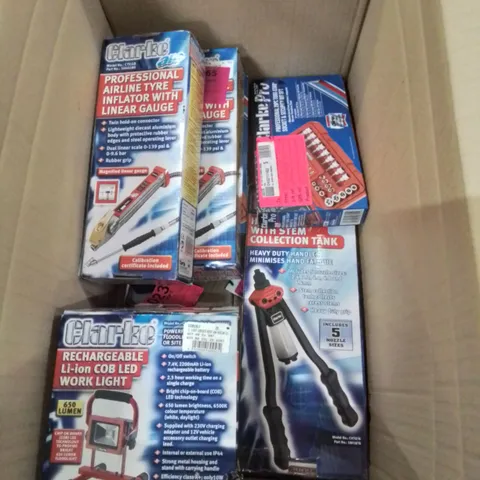 BOX OF MIXED TOOLS TO INCLUDE: SOCKET AND SRAR BIT SET, TYRE INFLATOR, LED RECHARGEABLE LIGHT AND HAND RIVETER WITH STEM COLLECTION TANK