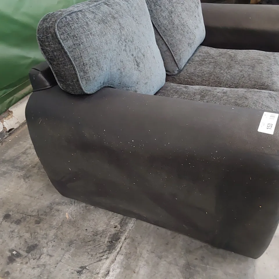DESIGNER TWO SEATER SOFA BLACK FAUX LEATHER & CHARCOAL FABRIC 