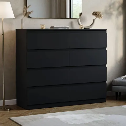 BOXED CUNHA 8-DRAWER WIDE CHEST OF DRAWERS, LARGE BEDROOM STORAGE CABINET, BLACK (2 BOXES)
