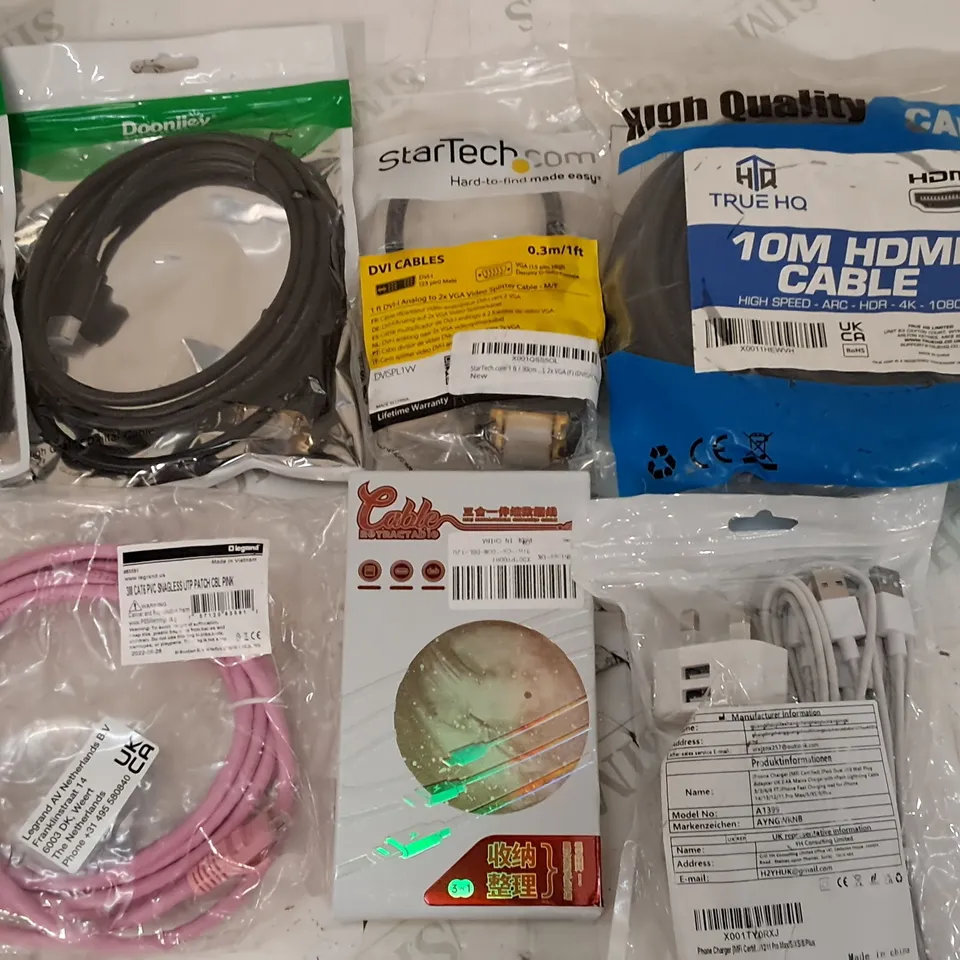 LOT OF APPROXIMATELY 35 ASSORTED CABLES TO INCLUDE 10M HDMI CABLE, DVI CABLES AND CAT 6 CABLE