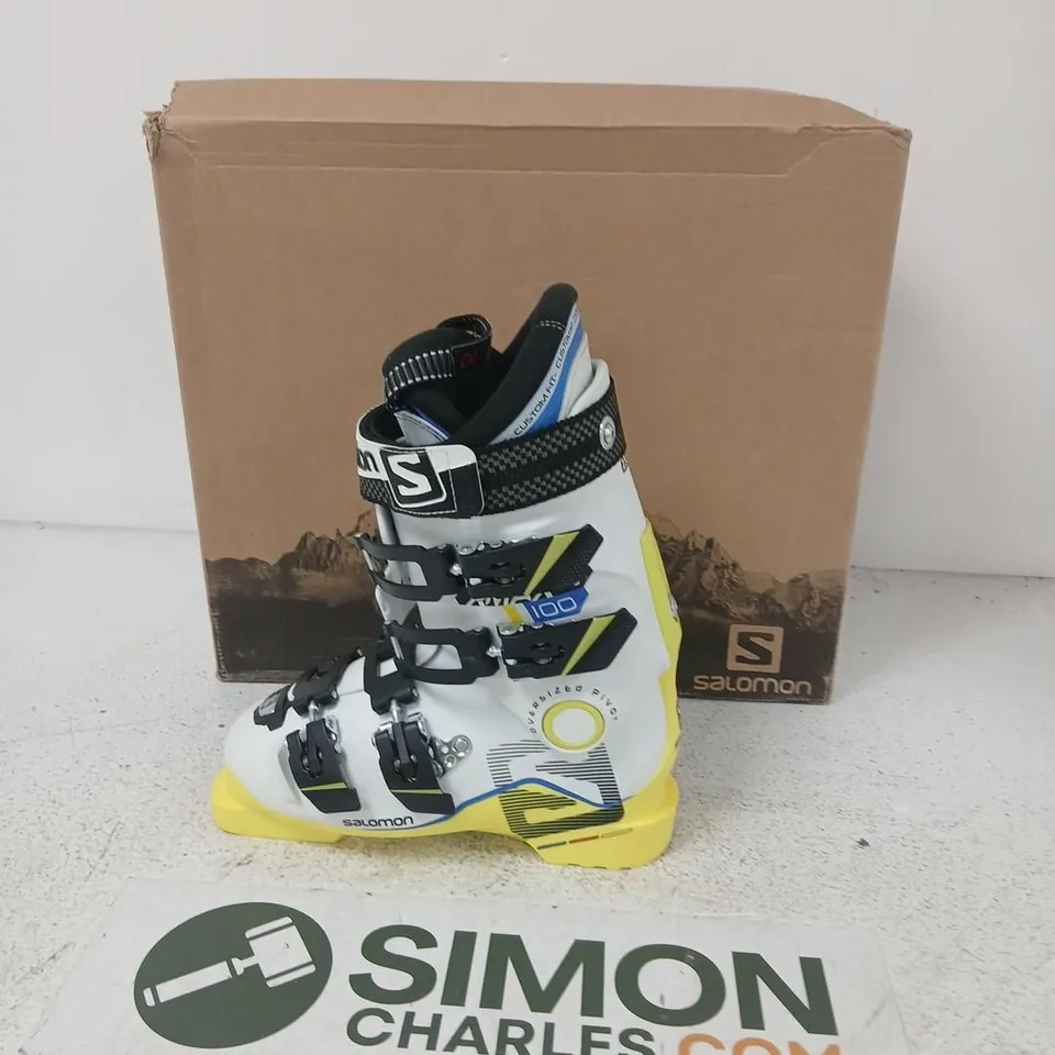 SALOMON X MAX LC 100 SKI BOOTS – SIZE 23.5 (WHITE WITH YELLOW)