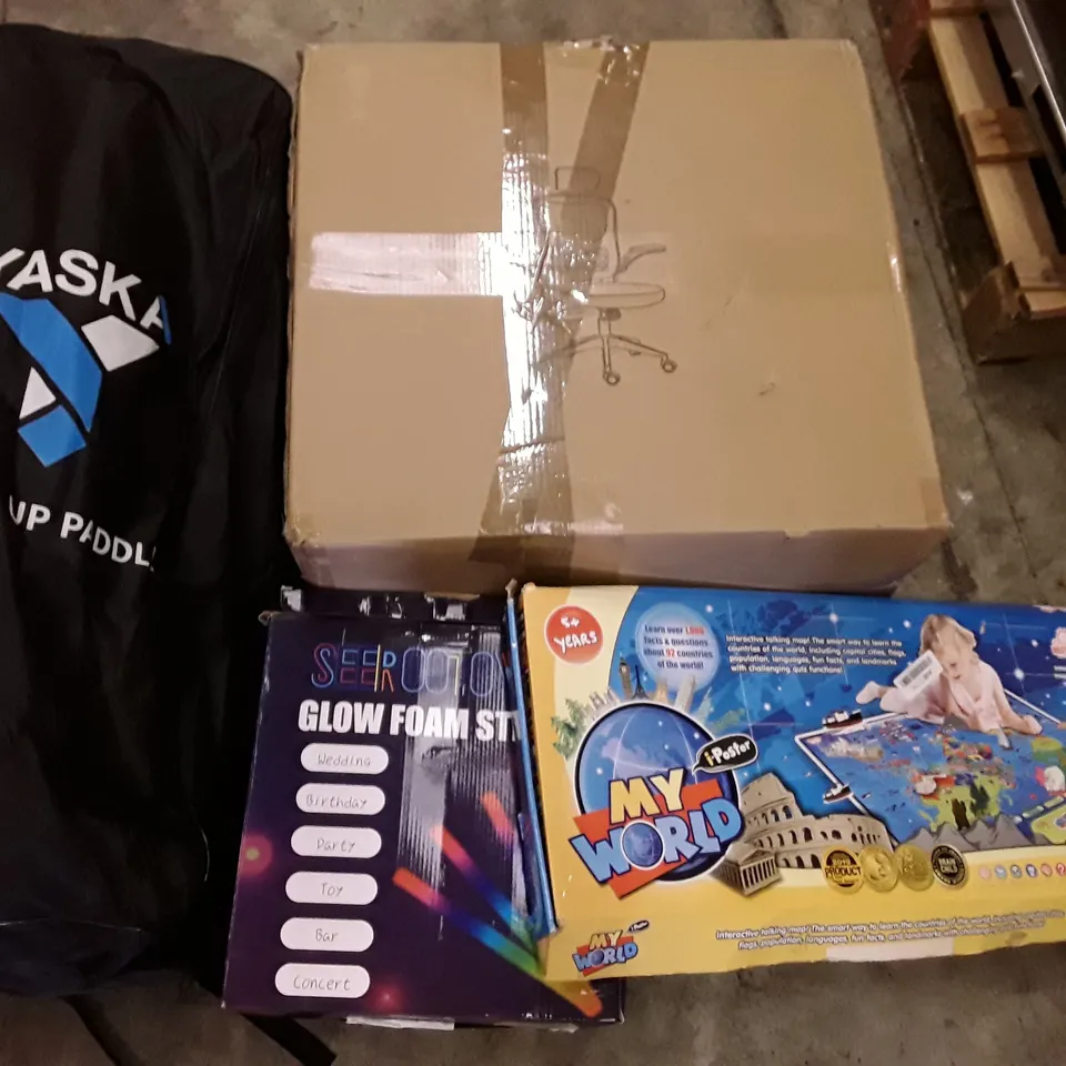 PALLET OF ASSORTED PRODUCTS INCLUDING STAND UP PADDLE BOARD, OFFICE CHAIR, GLOW FOAM STICKS, KIDS I-POSTER WORLD MAP, WALL BRACKET