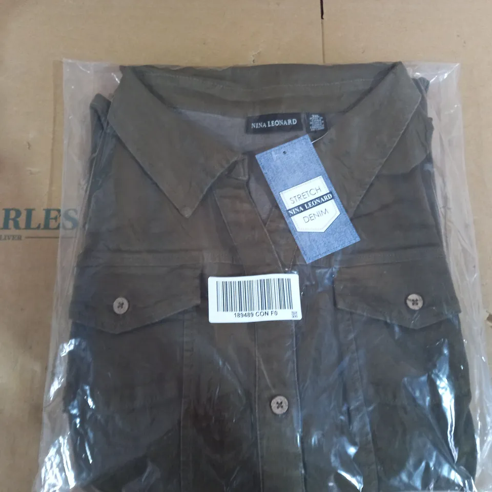 BRAND NEW ELBOW SLEEVE BUTTON UP STRETCH DENIM DRESS BY NINA LEONARD IN OLIVE - SIZE 3XL