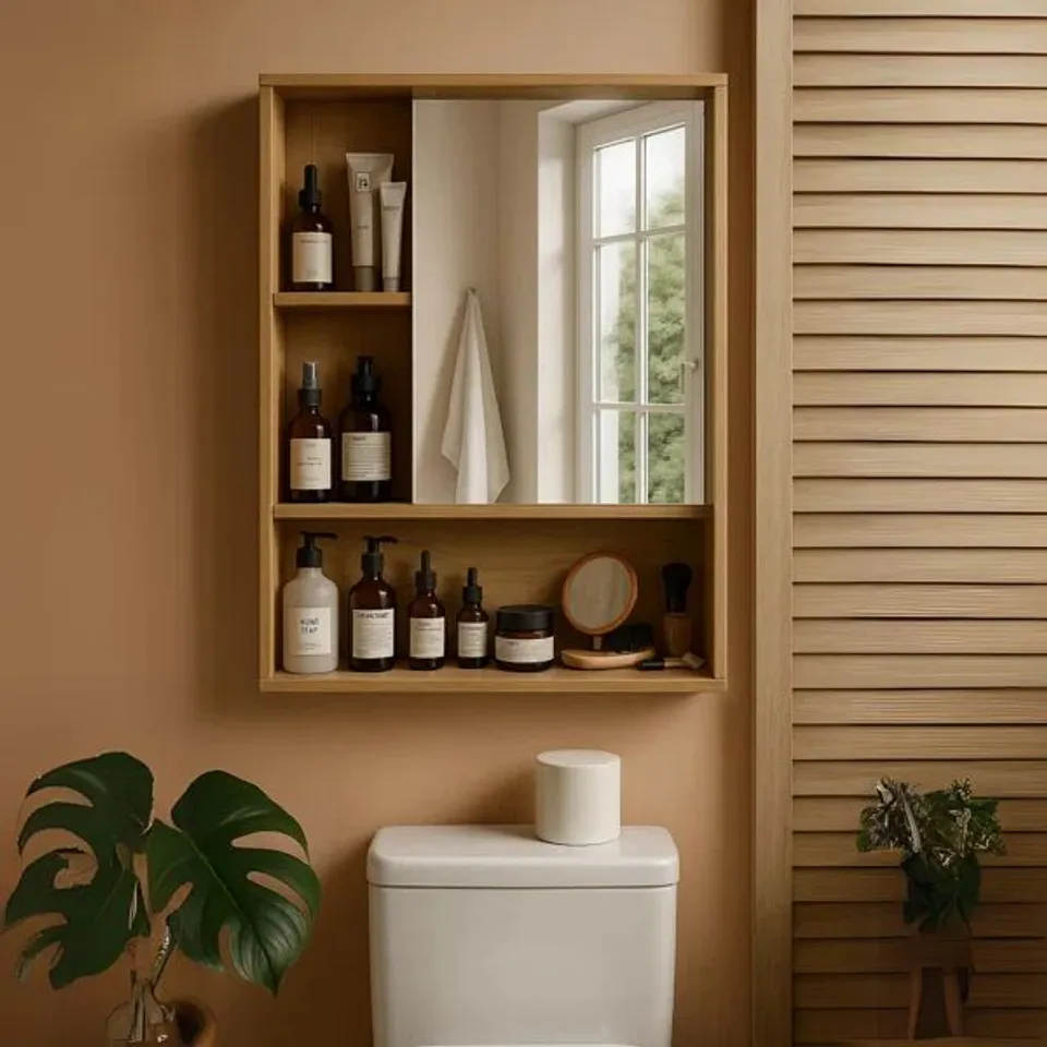 BOXED WOODEN BATHROOM WALL STORAGE CABINET ORGANISER WITH MIRROR 