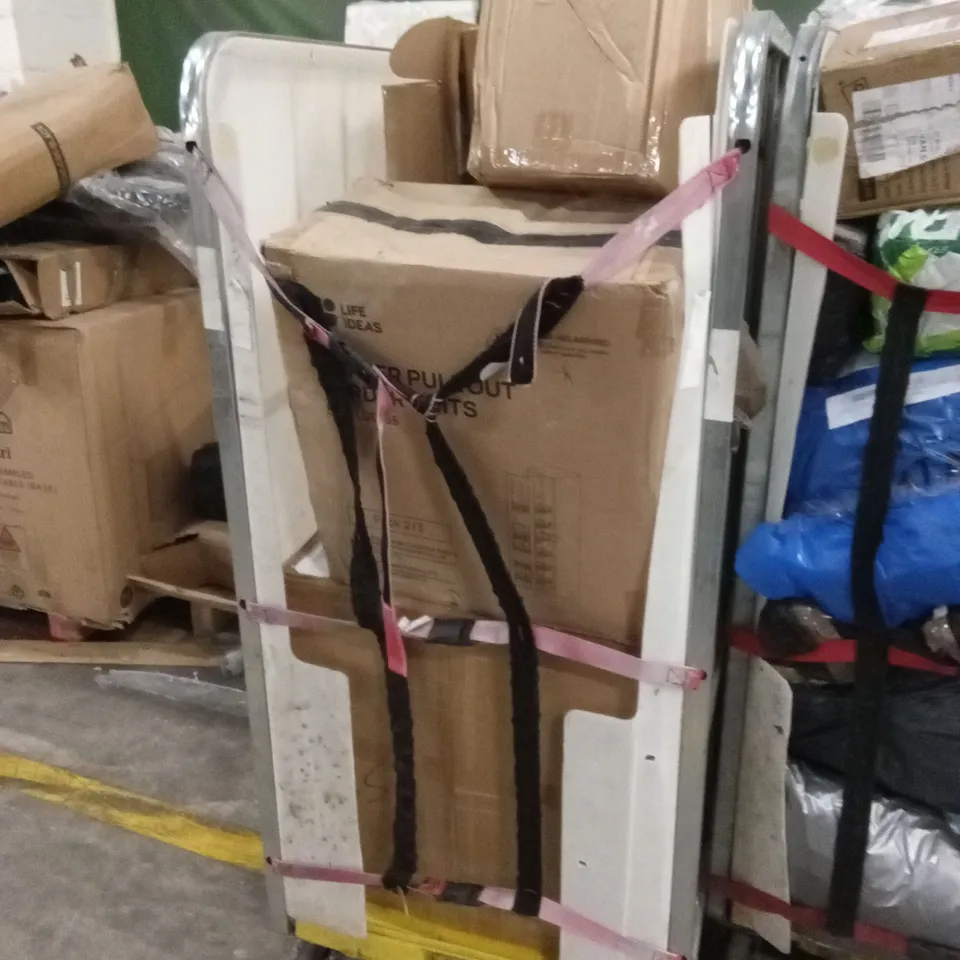 CAGE OF ASSORTED HOUSEHOLD GOODS AND PRODUCTS TO INCLUDE; FURNITURE PARTS, CAT TREE, WALL BASKET ETC