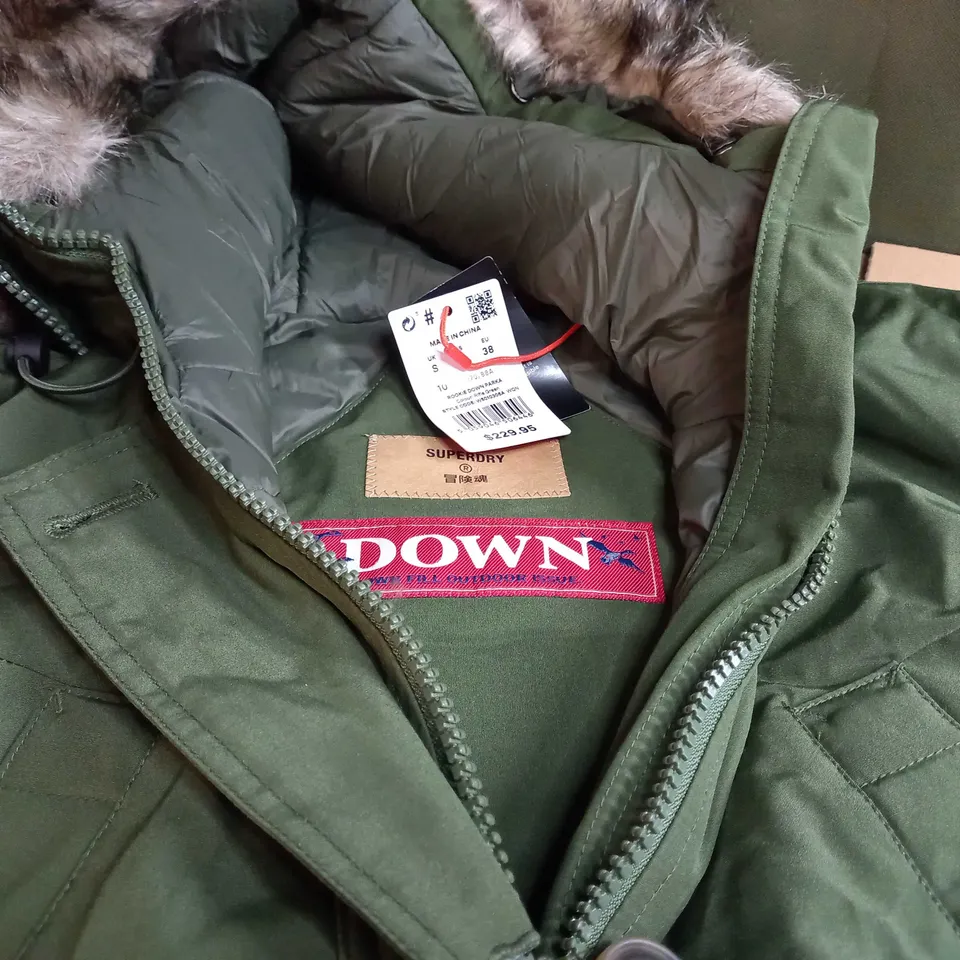 SUPER DRY DOWN ARMY GREEY HOODED PARKA - SMALL
