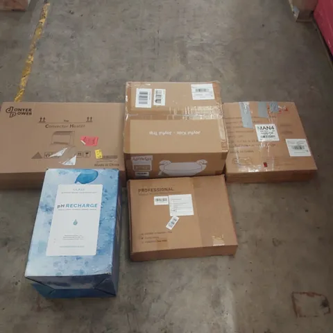 PALLET OF ASSORTED ITEMS INCLUDING: ALKALINE WATER COUNTERTOP UNIT, CONVECTOR HEATER, INSECT KILLER, BOOSTER SEAT, SIDE TABLE ECT