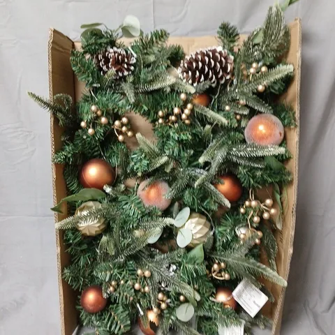 BOXED CHRISTMAS GREENERY ARRANGEMENT WITH PINE CONES AND METALLIC BAUBLES