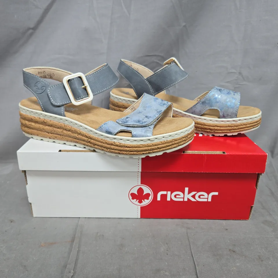 BOXED PAIR OF RIEKER OPEN TOE SANDALS IN BLUE SIZE 6