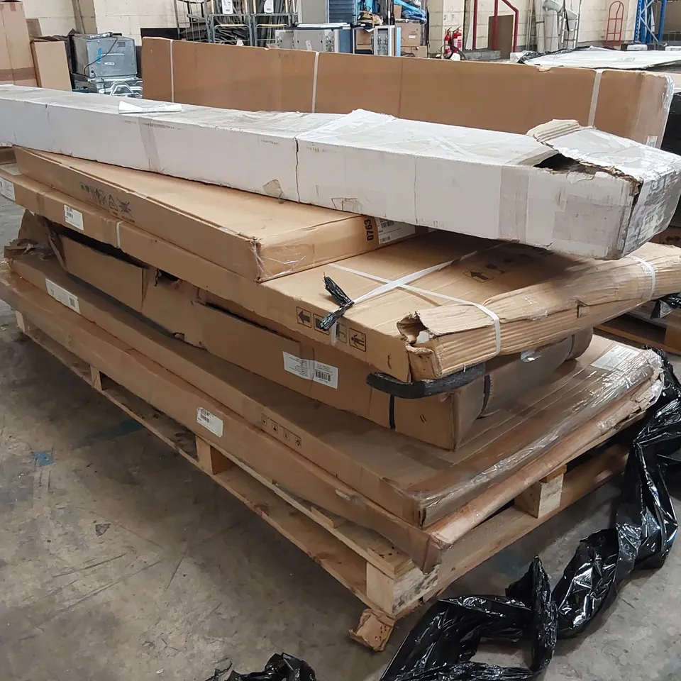 PALLET OF ASSORTED BATHROOM FURNITURE/FITTINGS PARTS INCLUDING; AQUILA SLIDING DOOR PANEL, AQUALINE SHOWER CABIN PANEL, TAYLOR & MOORE SHOWER PANEL ECT