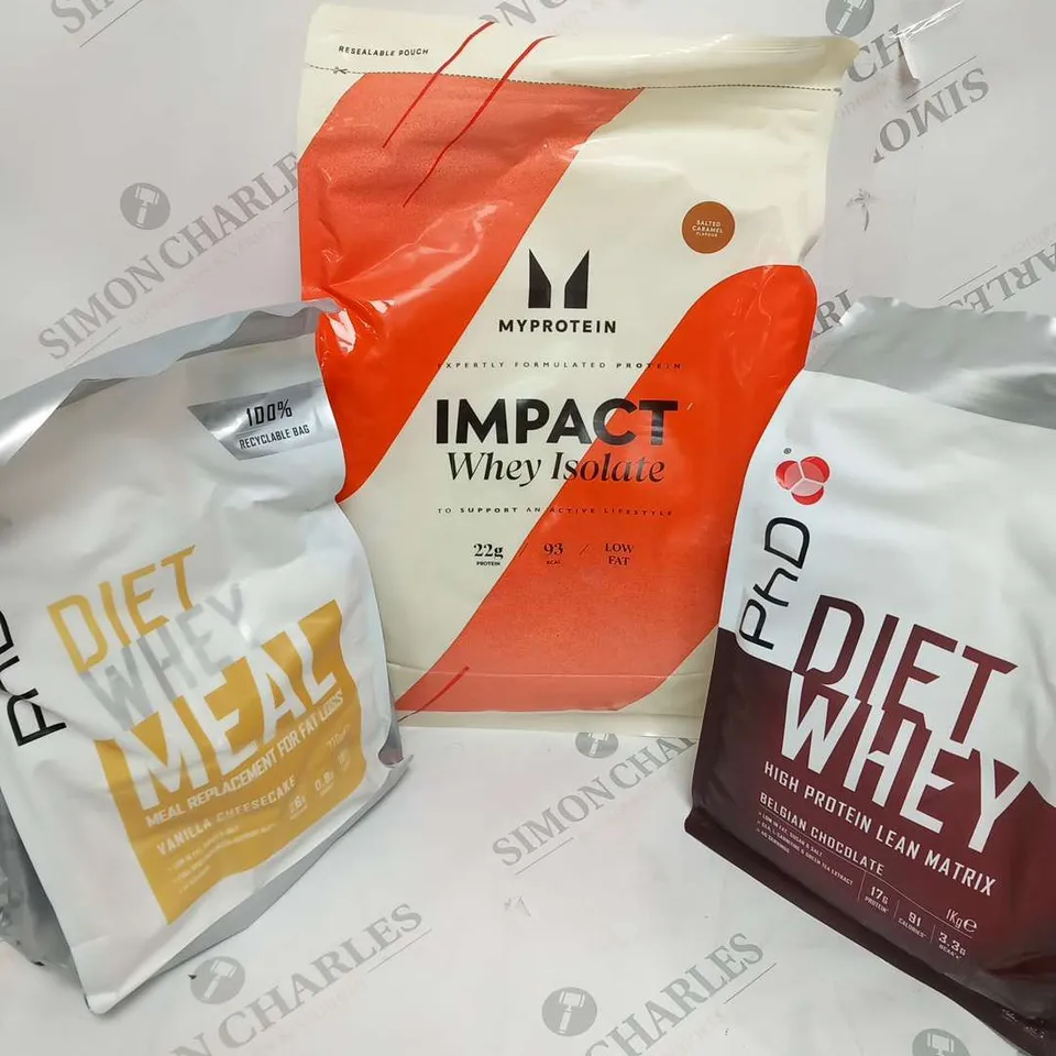 THREE ASSORTED WHEY BASED PRODUCTS TO INCLUDE; MYPROTEIN AND PHD