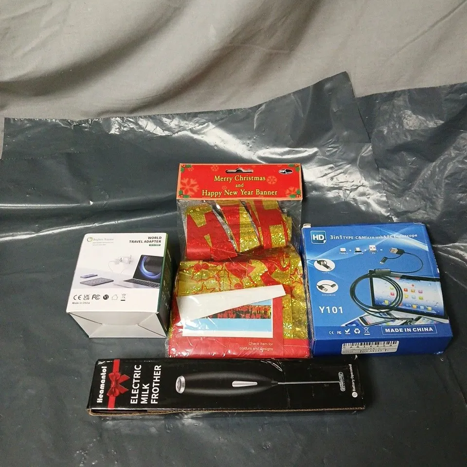 APPROXIMATELY 20 ASSORTED HOUSEHOLD ITEMS TO INCLUDE CHRISTMAS/NEW YEAR BANNER, ELECTRIC MILK FROTHER, WORLD ADAPTER, 3 IN 1 TYPE C CABLE ETC