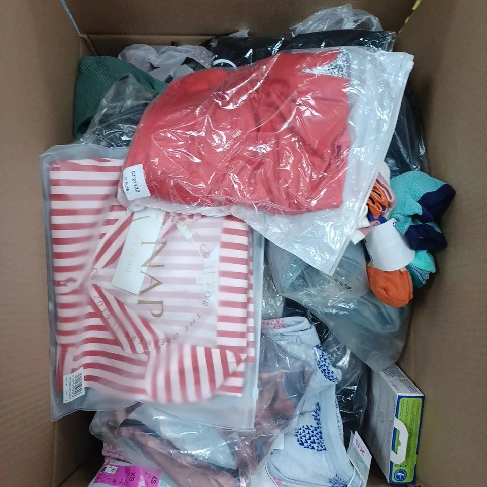 BOX OF APPROX. 25 ASSORTED CLOTHING VARYING IN SIZE/COLOUR/STYLE TO INCLUDE: TOPS, TROUSERS, JUMPERS