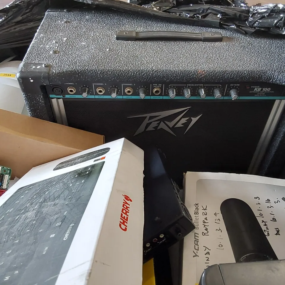 PALLET OF ASSORTED ELECTRICALS AND CONSUMER PRODUCTS TO INCLUDE; KB100 KEYBOARD AMPLIFIER, CHERRY KEYBOARD + MOUSE SETS, WHARFEDALE SUBWOOFER ECT.
