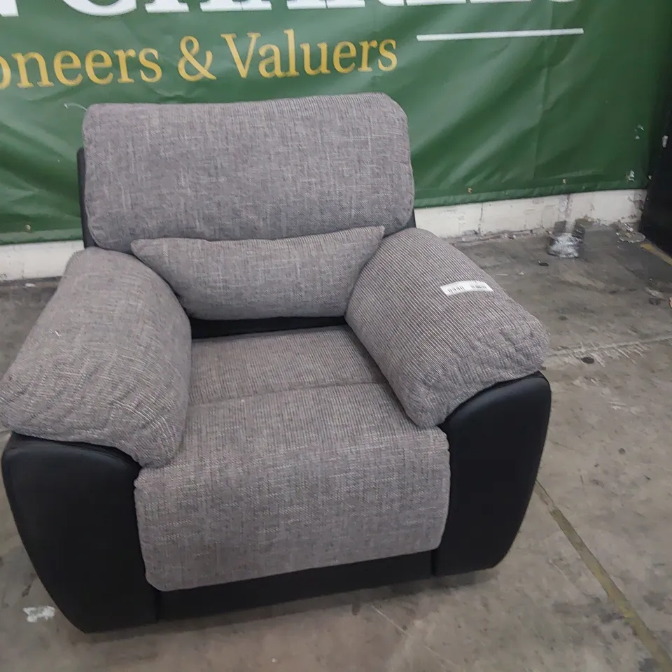 DESIGNER MANUAL RECLINING EASY CHAIR BLACK FAUX LEATHER & GREY FABRIC 