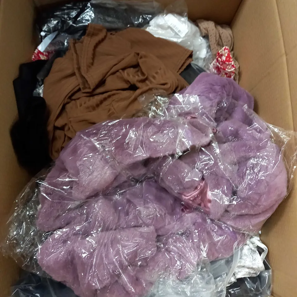  BOX OF ASSORTED CLOTHING ITEMS TOO INCLUDE DRESSES , SHIRTS AND TROUSERS IN VARIOUS SIZES AND COLOURS   